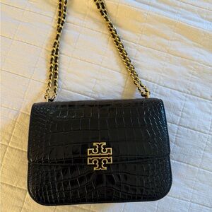 Tory Burch Black Croc Crossbody Bag with Gold Hardware
